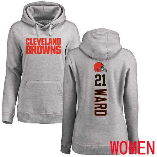 Cleveland Browns Denzel Ward Women Ash Jersey 21 NFL Football Backer Pullover Hoodie Sweatshirt